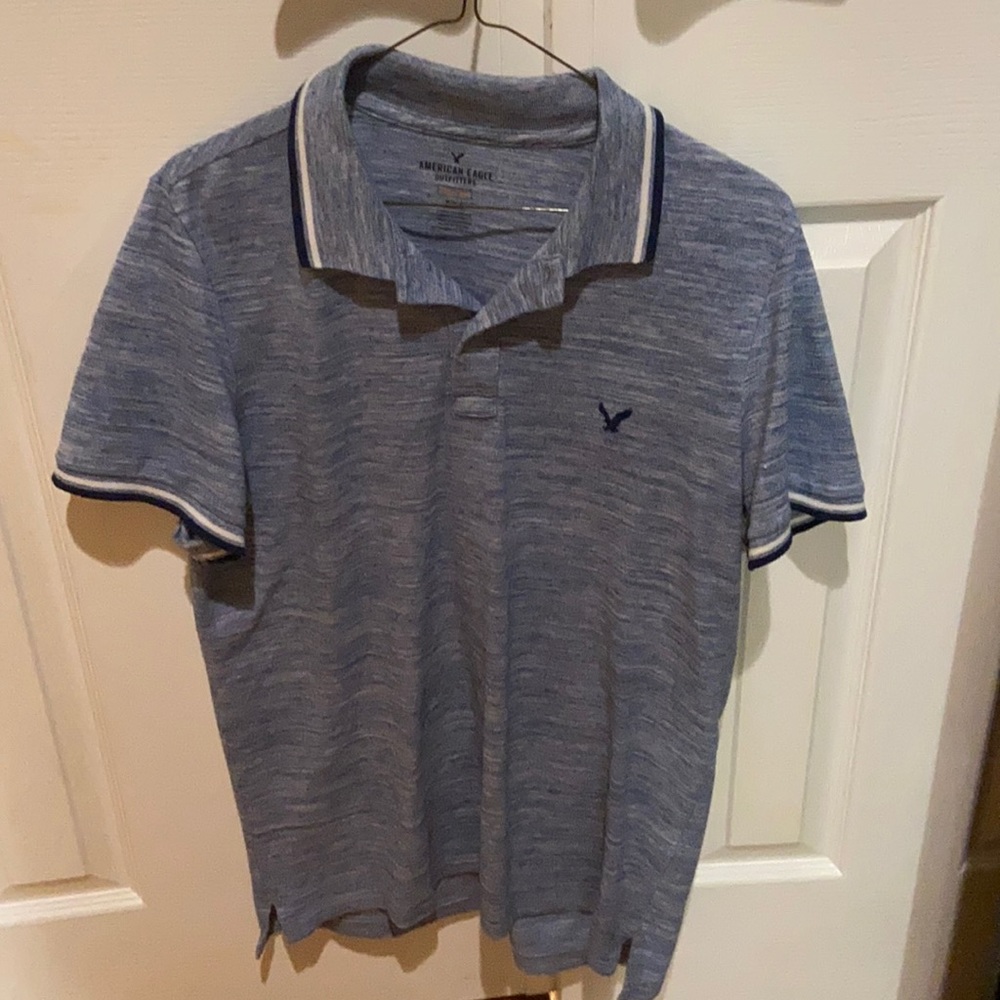 American Eagle Outfitters Men’s Blue and White Polo Short-Sleeve Shirt M